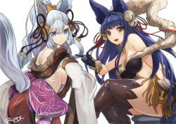 Rule 34 | 10s, 2girls, animal ears, backless outfit, bare shoulders, bell, black legwear, blue eyes, blue hair, breasts, cleavage, curvy, detached sleeves, erune, fangs, fur, gloves, granblue fantasy, hair ribbon, jingle bell, large breasts, long hair, looking at viewer, multiple girls, open mouth, ponytail, pupps, ribbon, sideboob, signature, silver hair, simple background, sitting, smile, societte (granblue fantasy), tail, thick thighs, thighhighs, thighs, very long hair, white background, yuel (granblue fantasy), yuel (shingeki no bahamut)
