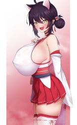 Rule 34 | 1girl, :d, ahoge, alternate breast size, animal ears, blue archive, blush, breasts, covered erect nipples, cowboy shot, dearonnus, detached sleeves, fang, flower, from side, hair bun, hair flower, hair ornament, hakama, hakama short skirt, hakama skirt, heart, heart-shaped pupils, highres, huge breasts, japanese clothes, kaede (blue archive), kimono, looking at viewer, microskirt, obi, open mouth, pleated skirt, red skirt, ribbon-trimmed sleeves, ribbon-trimmed thighhighs, ribbon trim, sash, side bun, sideboob, sidelocks, single side bun, skin fang, skindentation, skirt, sleeveless, sleeveless kimono, smile, solo, symbol-shaped pupils, thighhighs, wide sleeves, yellow eyes