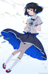Rule 34 | 1girl, air bubble, animal, artist name, black bow, black bowtie, black hair, blue footwear, blue skirt, bow, bowtie, bubble, collared shirt, commentary request, dated, fish, full body, highres, kneehighs, mary janes, original, parted lips, purple eyes, shirt, shoes, short hair, short sleeves, skirt, snozaki, socks, solo, underwater, white shirt, white socks