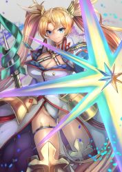Rule 34 | 1girl, armor, beam shield, blonde hair, blue eyes, bradamante (fate), bradamante (second ascension) (fate), braid, breasts, cleavage, coat, crown braid, epaulettes, fate/grand order, fate (series), faulds, hair ornament, highres, leotard, long hair, military, military uniform, ohako (ohako1818), parted bangs, scepter, shield, smile, twintails, uniform, weapon