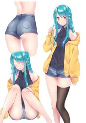 Rule 34 | 1girl, amagi shino, arm at side, ass, bare legs, bare shoulders, black shirt, black thighhighs, blue hair, blush, collarbone, collared shirt, cropped legs, denim, denim shorts, faceless, faceless female, feet out of frame, fingernails, hand on own knee, hand up, highres, jacket, knees up, long hair, long sleeves, looking at viewer, multiple views, open clothes, open jacket, original, panties, pantyshot, parted lips, red eyes, shirt, short shorts, shorts, side-tie panties, sidelocks, simple background, single thighhigh, sitting, sleeves past wrists, standing, swept bangs, thighhighs, underwear, upshorts, white background, white panties, yellow jacket