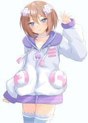 Rule 34 | 1girl, blanc (neptunia), blue eyes, blush, brown hair, choker, commentary request, cosplay, cowboy shot, d-pad, d-pad hair ornament, expressionless, hair between eyes, hair ornament, hand up, head tilt, highres, hood, hood down, hooded jacket, jacket, looking at viewer, medium hair, neptune (neptunia), neptune (neptunia) (cosplay), neptune (series), no pants, open mouth, parted lips, ray 726, solo, striped clothes, striped thighhighs, thighhighs, usb, waving, white choker