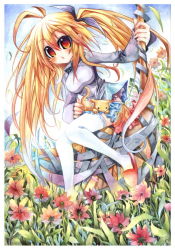 Rule 34 | 1girl, :3, ahoge, blonde hair, blush, cat, emperpep, female focus, flower, full body, long hair, nature, open mouth, outdoors, painting (medium), red eyes, side ponytail, sky, solo, thighhighs, traditional media, watercolor (medium)