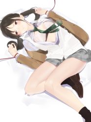 Rule 34 | 1girl, 3:, ama mitsuki, bdsm, black hair, black socks, blush, bra, breasts, brown eyes, brown footwear, brown jacket, closed mouth, grey skirt, jacket, loafers, long hair, long sleeves, looking away, low twintails, lying, miniskirt, necktie, on back, open clothes, open jacket, open shirt, original, partially unbuttoned, restrained, school uniform, shoes, skirt, small breasts, socks, solo, striped necktie, striped neckwear, sweater vest, thighs, twintails, undershirt, underwear, vest, white bra, white vest
