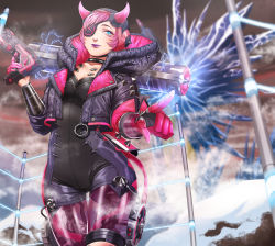 Rule 34 | 1girl, alternator, animification, apex legends, black bodysuit, black headwear, black jacket, blue eyes, bodysuit, breasts, cleavage, crystal, cyber punked wattson, cyberpunk, electricity, eyepatch, fence, gun, highres, hip focus, holding, holding gun, holding weapon, horns, in-universe location, jacket, lipstick, looking down, makeup, mechanical arms, mechanical legs, one eye covered, pink hair, pointing, purple lips, single mechanical arm, smile, solo, sumino akasuke, thigh gap, wattson (apex legends), weapon
