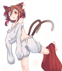 Rule 34 | 1girl, animal ears, bare shoulders, bloomers, brown eyes, brown hair, cat ears, cat tail, chen, commentary request, earrings, furorina, jewelry, looking at viewer, multiple tails, open mouth, short hair, sidelocks, simple background, solo, standing, standing on one leg, tail, touhou, two tails, underwear, undressing, white background