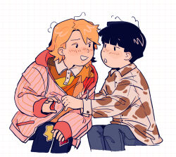 Rule 34 | 2boys, absurdres, black eyes, black hair, blonde hair, blush, brown shirt, buttoned cuffs, buttons, cherrybeez, collared shirt, eye contact, grid background, hanazawa teruki, hand on another&#039;s arm, highres, hood, hood down, hooded jacket, jacket, kageyama shigeo, long sleeves, looking at another, male focus, mob psycho 100, multiple boys, open clothes, open jacket, open mouth, orange shirt, pants, pink jacket, shirt, short hair, simple background, sitting, smile, white background, yaoi