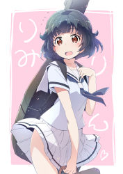 Rule 34 | 1girl, akata itsuki, text background, bag, bang dream!, black hair, blue neckerchief, blunt bangs, blush, character name, clothes lift, commentary request, cowboy shot, flying sweatdrops, guitar case, highres, holding, holding bag, instrument case, looking at viewer, miniskirt, neckerchief, open mouth, pink background, pleated skirt, red eyes, sailor collar, school uniform, serafuku, short hair, short sleeves, skirt, skirt lift, solo, tareme, thighs, two-tone background, ushigome rimi, white sailor collar, white skirt