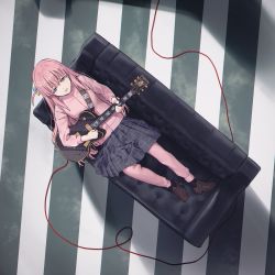 Rule 34 | 1girl, black skirt, black socks, blue eyes, bocchi the rock!, cable, couch, cube hair ornament, from above, full body, gotoh hitori, guitar, hair bobbles, hair ornament, highres, holding, holding instrument, instrument, jacket, light blush, loafers, looking to the side, lying, mikazuchi zeus, music, on back, on couch, one side up, open mouth, pants, pants under skirt, pink hair, pink jacket, pink pants, plaid, plaid skirt, playing instrument, pleated skirt, shadow, shoes, skirt, smile, socks, solo, strap, striped, track suit