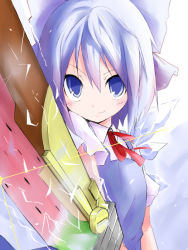 Rule 34 | 1girl, advent cirno, blue eyes, blue hair, blush, bow, cirno, female focus, gradient background, hair bow, light purple hair, matching hair/eyes, neck ribbon, purple eyes, ribbon, shichinose, smile, solo, sword, touhou, upper body, weapon, white background