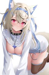 Rule 34 | 1girl, :3, absurdres, all fours, animal collar, animal ear fluff, animal ears, bandaid, bandaid hair ornament, belt, belt collar, black collar, black thighhighs, blonde hair, blue belt, blue brooch, blue hair, blue hairband, blush, breasts, center frills, chain, closed mouth, collar, crossed bangs, detached collar, dog ears, dog girl, dog tail, double-parted bangs, dress, fake horns, frilled shirt collar, frills, furrowed brow, fuwawa abyssgard, fuwawa abyssgard (1st costume), hair between eyes, hair intakes, hair ornament, hairband, hairclip, highres, hirahiragi (h1rqg1), hololive, hololive english, horns, large breasts, long hair, long sleeves, looking at viewer, multicolored hair, no shoes, pink eyes, simple background, single thighhigh, solo, spiked collar, spikes, streaked hair, tail, thighhighs, two side up, virtual youtuber, white background, white dress