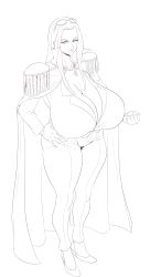 Rule 34 | 1girl, absurdres, breasts, cape, clenched hand, highres, hina (one piece), huge breasts, looking at viewer, one piece, simple background, sketch, sunglasses, sunnysundown, white background