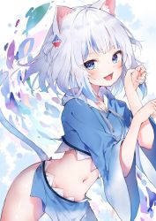 Rule 34 | 1girl, adapted costume, animal ears, auui, bare legs, blue eyes, blue hair, blue hoodie, blush, breasts, cat ears, cat tail, commentary, cowboy shot, english commentary, fins, fish tail, gawr gura, gawr gura (1st costume), groin, hair ornament, highres, hololive, hololive english, hood, hoodie, kemonomimi mode, looking at viewer, midriff, multicolored hair, navel, no panties, open mouth, paw pose, shark hair ornament, shark tail, sharp teeth, short hair, short twintails, silver hair, simple background, small breasts, smile, solo, streaked hair, symbol-only commentary, tail, teeth, thighs, twintails, two-tone hair, two side up, virtual youtuber, white background, wide sleeves