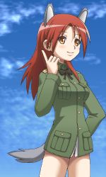 Rule 34 | 00s, 1girl, animal ears, awa, cowboy shot, dog ears, dog tail, jaggy lines, long hair, lowres, minna-dietlinde wilcke, oekaki, red hair, solo, strike witches, tail, world witches series