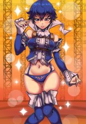 Rule 34 | 1girl, absurdres, ahoge, blouse, blue eyes, blue hair, blue panties, blue shirt, blue thighhighs, hair between eyes, high-cut armor (persona), highres, no pants, official alternate costume, panties, persona, persona 4, shirogane naoto, shirt, short hair, solo, sparkle, standing, tagme, thighhighs, toasty scones, underwear