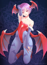 Rule 34 | 1girl, animal print, arm behind head, arm up, bare shoulders, bat print, bat wings, blue pantyhose, boots, bridal gauntlets, closed mouth, collarbone, covered navel, demon girl, flat chest, gluteal fold, hair between eyes, hand on own thigh, head wings, high heel boots, high heels, highleg, highleg leotard, kneeling, kuroda akimi, leotard, lilith aensland, looking at viewer, midriff, naughty face, pantyhose, pink eyes, purple hair, purple wings, red footwear, red leotard, short hair, solo, tongue, tongue out, twitter username, vampire (game), wings