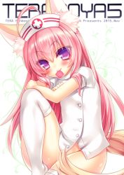 Rule 34 | 1girl, ahoge, animal ears, blush, bottomless, condom, condom in mouth, condom wrapper, elin, fox ears, fox tail, hat, hlz, long hair, looking at viewer, mouth hold, no panties, no pants, nurse, nurse cap, pink hair, purple eyes, smile, solo, tail, tera online, thighhighs, white thighhighs