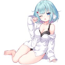 Rule 34 | 1girl, absurdres, bare shoulders, barefoot, black bra, black panties, blue eyes, blue hair, blush, bra, braid, breasts, character request, check character, cleavage, collarbone, collared shirt, commentary request, dress shirt, full body, hair ornament, hairclip, hand up, highres, indie virtual youtuber, large breasts, long sleeves, looking at viewer, multicolored hair, off shoulder, one eye closed, panties, parted lips, purple hair, shirt, simple background, sleeves past wrists, solo, streaked hair, tears, underwear, virtual youtuber, white background, white shirt, yawning, yuku (kiollion), yururi megu