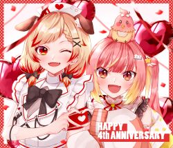 2girls :d absurdres animal animal_ears animal_on_head anniversary balloon bird bird_on_head black_bow black_bowtie blonde_hair blush border bow bowtie budgerigar_(bird) cat_hair_ornament chukachuka commentary_request confetti dog_ears dog_girl dress fang fangs flat_chest hair_bow hair_ornament hair_over_shoulder hairclip happy_anniversary hat heart heart_balloon heart_hands heart_hands_duo highres hira_hikari long_hair looking_at_viewer medium_hair multicolored_hair multiple_girls nanashi_inc. neck_ribbon nurse nurse_cap on_head one_eye_closed open_mouth outside_border pink_hair polka_dot_border red_border red_eyes red_hair red_ribbon ribbon seshima_rui sleeveless sleeveless_dress sleeves_past_wrists smile streaked_hair twintails two-tone_hair upper_body virtual_youtuber white_background white_dress x_hair_ornament