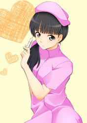 Rule 34 | 1girl, amagami, ayatsuji tsukasa, black eyes, black hair, hat, heart, kishida-shiki, nurse, nurse cap, simple background, solo, syringe
