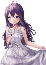 Rule 34 | 1girl, ahoge, blue eyes, bracelet, dress, frilled dress, frills, hair between eyes, hand to own mouth, highres, idolmaster, idolmaster million live!, jewelry, long hair, looking at viewer, meno (imas ll), mochizuki anna, purple hair, simple background, skirt hold, sleeveless, sleeveless dress, smile, solo, white dress