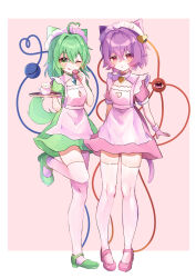 Rule 34 | 2girls, :o, ;q, absurdres, ahoge, alternate costume, animal ears, apron, blush, breasts, cat ears, cat tail, cleavage, cleavage cutout, closed mouth, clothing cutout, commentary, cup, diamond cutout, dress, enmaided, food, full body, fuua (fxae3875), green dress, green eyes, green footwear, green hair, hair between eyes, hair ornament, heart, heart ahoge, heart cutout, heart hair ornament, heart of string, highres, holding, holding food, holding plate, kemonomimi mode, komeiji koishi, komeiji satori, looking at viewer, macaron, maid, maid apron, maid headdress, medium hair, multiple girls, one eye closed, pink background, pink dress, pink eyes, pink footwear, pink hair, plate, saucer, shoes, short hair, short sleeves, siblings, simple background, sisters, sleeve cuffs, small breasts, smile, standing, standing on one leg, tail, teacup, thighhighs, third eye, tongue, tongue out, touhou, white apron, white thighhighs, wrist cuffs