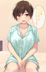 Rule 34 | 1girl, blue pajamas, breasts, brown eyes, brown hair, cccpo, cleavage, collarbone, commentary request, eyes visible through hair, highres, huge breasts, looking at viewer, original, pajamas, pixie cut, pov, short hair, short sleeves, sitting, solo, tomboy, translation request