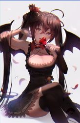 Rule 34 | 1girl, 364 holidays, absurdly long hair, ahoge, asymmetrical sleeves, azur lane, bad id, bad pixiv id, bat wings, black dress, black hair, black thighhighs, breasts, cleavage, demon girl, dress, feathers, hair ornament, highres, large breasts, long hair, looking at viewer, red eyes, simple background, sitting, solo, taihou (azur lane), taihou (muse) (azur lane), thighhighs, twintails, uneven sleeves, very long hair, white background, wings