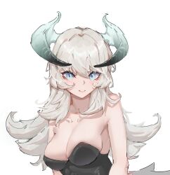 Rule 34 | 1girl, absurdres, alternate costume, bare shoulders, blue eyes, blush, breasts, chamber dragonmaid, cleavage, collarbone, commentary request, dragon girl, dragon horns, duel monster, grey hair, highres, horns, long hair, mahcl (mhcl3466), medium breasts, simple background, smile, solo, upper body, white background, yu-gi-oh!