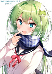 Rule 34 | 1girl, :d, absurdres, alternate costume, aqua eyes, artist name, black sailor collar, blue scarf, blush, breasts, breath, commentary request, contemporary, fang, frog hair ornament, green hair, hair between eyes, hair intakes, hair ornament, hand up, heart, heart-shaped pupils, highres, kochiya sanae, long hair, long sleeves, looking at viewer, medium breasts, neck ribbon, nenobi (nenorium), open mouth, plaid, plaid scarf, red ribbon, ribbon, sailor collar, scarf, school uniform, serafuku, shirt, simple background, skin fang, smile, solo, symbol-shaped pupils, touhou, translated, twitter username, upper body, white background, white shirt