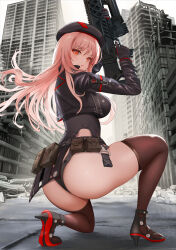 Rule 34 | 1girl, absurdres, ass, assault rifle, belt, belt pouch, beret, breasts, brown thighhighs, city, closed mouth, cropped jacket, gibun (sozoshu), gloves, goddess of victory: nikke, gun, hat, high heels, highres, holding, holding gun, holding weapon, jacket, large breasts, looking at viewer, military, military uniform, outdoors, pink hair, pouch, rapi (nikke), red eyes, resolution mismatch, rifle, rubble, ruins, solo, source smaller, squatting, thighhighs, thighs, uniform, weapon
