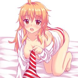 Rule 34 | 1girl, artist self-insert, blonde hair, blush, breasts, highres, looking at viewer, medium breasts, medium hair, necktie, nipples, nottytiffy, open clothes, open mouth, panties, shirt, solo, striped clothes, striped panties, tiffy (nottytiffy), underwear, undressing, white shirt