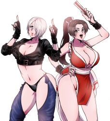 Rule 34 | angel (kof), arm guards, backless pants, blue eyes, bra, breasts, brown eyes, brown hair, chaps, cleavage, crop top, cropped jacket, fatal fury, horns pose, fingerless gloves, folded fan, folding fan, gloves, hair over one eye, hand fan, hasuda kunkun, high ponytail, holding, holding fan, horns pose, index fingers raised, jacket, japanese clothes, large breasts, leather, leather jacket, looking at viewer, midriff, navel, ninja, panties, pants, pelvic curtain, ponytail, revealing clothes, rope, shiranui mai, short hair, smile, snk, strapless, strapless bra, the king of fighters, the king of fighters xiv, toned, underwear, white hair