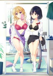 Rule 34 | 2girls, black bra, black hair, black panties, blonde hair, blush, bra, breasts, brown eyes, calendar (object), chair, check commentary, cleavage, clothes hanger, collarbone, collared shirt, commentary request, commission, fedora, flower pot, full body, hair ribbon, hat, holding, holding phone, kaede (mmkeyy), large breasts, long sleeves, looking at viewer, makeup brush, maribel hearn, medium breasts, mirror, multiple girls, panties, paper, phone, pillow, purple eyes, red bra, red panties, ribbon, shelf, shirt, short hair, skeb commission, smile, socks, standing, stuffed toy, table, thighs, touhou, tress ribbon, underwear, usami renko, wardrobe, white shirt, white socks, wing collar