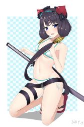 Rule 34 | 1girl, absurdres, bare shoulders, bikini, black hair, blue eyes, blush, breasts, fate/grand order, fate (series), groin, hair ornament, highres, katana, katsushika hokusai (fate), katsushika hokusai (swimsuit saber) (fate), kneeling, long hair, looking at viewer, navel, open mouth, small breasts, stomach, swimsuit, sword, teeth, thigh strap, upper teeth only, weapon, white background, white bikini, zerotwenty (020)
