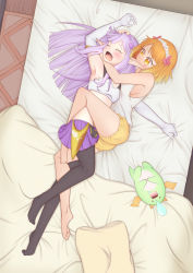 Rule 34 | 2girls, akairi bon, arm up, armpits, barefoot, bed, bed sheet, biting, black legwear, blouse, blush, breasts, commentary request, creature, ear biting, elbow gloves, elf, elnowar seylan, endro!, closed eyes, fai fai, fang, flower, from above, furrowed brow, gloves, hair flower, hair ornament, hairband, hand on another&#039;s head, highres, light purple hair, long hair, long pointy ears, looking at another, lying, multiple girls, on bed, on side, open mouth, orange eyes, orange hair, pantyhose, pleated skirt, pointy ears, purple skirt, see-through, see-through legwear, sheet grab, shirt, shorts, skirt, sleeping, sleeveless, sleeveless shirt, small breasts, thighhighs, v-shaped eyebrows, white gloves, white shirt, yuri