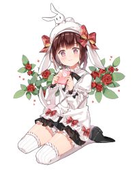 Rule 34 | 1girl, animal, animal hat, animal on head, bad id, bad pixiv id, black footwear, black skirt, blush, bow, brown eyes, brown hair, cellphone, closed mouth, commentary, diten, full body, girls&#039; frontline, hat, hat bow, head tilt, holding, holding phone, layered sleeves, long hair, long sleeves, low twintails, m99 (girls&#039; frontline), m99 (rabbit squad) (girls&#039; frontline), miniskirt, official alternate costume, on head, phone, plaid, plaid bow, puffy short sleeves, puffy sleeves, rabbit, rabbit hat, rabbit on head, red bow, red ribbon, ribbed sweater, ribbon, seiza, shirt, shoes, short over long sleeves, short sleeves, sitting, skirt, smile, solo, sweater, thighhighs, twintails, white background, white hat, white shirt, white thighhighs