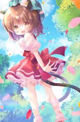Rule 34 | 1girl, animal ear fluff, animal ears, bloomers, blush, brown eyes, brown hair, cat ears, cat girl, cat tail, chen, cloud, dress, from behind, fukaya rin, green hat, hat, highres, looking back, multiple tails, open mouth, outdoors, red dress, shirt, short dress, short hair, short sleeves, sky, smile, socks, solo, tail, touhou, tree, underwear, white bloomers, white shirt