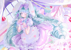 Rule 34 | 1girl, ;), animal ears, apron, big hair, blue bow, blue eyes, blush, borrowed character, bow, closed mouth, commentary request, commission, cream, cup, dress, drill hair, food, frilled apron, frilled dress, frills, fruit, green hair, hair bow, haruri, heart, heart print, holding, holding cup, holding saucer, long hair, macaron, one eye closed, original, print apron, puffy short sleeves, puffy sleeves, purple bow, purple dress, rabbit, rabbit ears, saucer, shirt, short sleeves, signature, smile, solo, strawberry, teacup, very long hair, white apron, white shirt