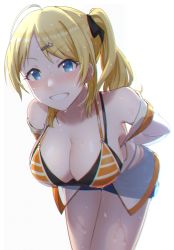 Rule 34 | 1girl, :d, arms behind back, bare shoulders, bent over, bikini, blonde hair, blue eyes, blue shorts, blush, breasts, cleavage, commentary, cowboy shot, grin, hachimiya meguru, hair ornament, hairclip, highres, idolmaster, idolmaster shiny colors, large breasts, long hair, long sleeves, multi-strapped bikini, off shoulder, open mouth, orange bikini, see-through, short shorts, shorts, side ponytail, simple background, smile, solo, striped bikini, striped clothes, swept bangs, swimsuit, teeth, unzipped, wattsu, wet, wet hair, white background