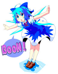 Rule 34 | 1girl, 2channel, blue eyes, blue hair, bow, airplane arms, cirno, hair bow, highres, matching hair/eyes, outstretched arms, ribbon, solo, spread arms, sw (taco), embodiment of scarlet devil, touhou, wings