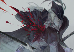 Rule 34 | 2girls, agong, black cape, black hood, blonde hair, blood, bloodborne, blue eyes, brooch, brown eyes, cape, from software, hand on another&#039;s waist, hat, holding, holding weapon, jewelry, kiss, lady maria of the astral clocktower, long hair, multiple girls, namco, ponytail, scythe, sister friede, stab, weapon, yuri