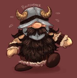 Rule 34 | 1boy, beard, blush, clumsy, covered eyes, deformed, dungeon meshi, dwarf, embarrassed, facial hair, fake horns, flying sweatdrops, full body, helmet, helmet over eyes, horned helmet, horns, long beard, male focus, pipit corner, senshi (dungeon meshi), solo, thick arm hair, thick mustache, very long beard, walking