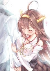 Rule 34 | 10s, 1boy, 1girl, absurdres, admiral (kancolle), ahoge, arm hug, bare shoulders, blush, breast press, breasts, bright background, brown hair, check commentary, commentary request, detached sleeves, double bun, closed eyes, faceless, faceless male, hair ornament, hairband, headgear, heart, highres, japanese clothes, kantai collection, kongou (kancolle), large breasts, long hair, long sleeves, military, military uniform, mogera81, nontraditional miko, open mouth, remodel (kantai collection), simple background, skirt, smile, uniform, white background