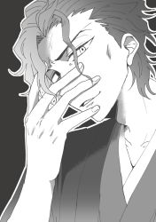 Rule 34 | 1boy, evil smile, fate/stay night, fate (series), greyscale, hand on own face, japanese clothes, male focus, matou zouken, monochrome, ronpaxronpa, short hair, smile, solo, upper body, wavy hair, aged down