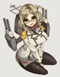 Rule 34 | 10s, 1girl, bad id, bad pixiv id, blue eyes, breasts, brown hair, cannon, chou negi, collared shirt, epaulettes, female focus, folded ponytail, glasses, gloves, green eyes, jacket, kantai collection, katori (kancolle), large breasts, machinery, military, military uniform, miniskirt, necktie, open mouth, pantyhose, parted bangs, shirt, silver hair, sitting, skirt, smile, solo, turret, uniform, white gloves