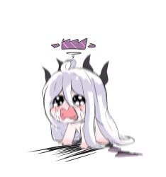 Rule 34 | 1girl, ahoge, all fours, black eyes, blue archive, blush, chibi, crying, demon horns, full body, hair between eyes, halo, hina (blue archive), horns, korean commentary, long hair, multiple horns, nude, open mouth, purple halo, simple background, skyrain315, solo, very long hair, white background, white hair