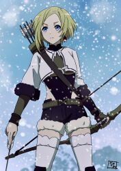 Rule 34 | arrow (projectile), belt, blonde hair, blue eyes, boots, bow (weapon), crop top, earrings, gloves, highres, holding, holding arrow, holding bow (weapon), holding weapon, jewelry, leotard, long sleeves, mountainous horizon, mushoku tensei, partially fingerless gloves, quiver, sara (mushoku tensei), short hair, short shorts, shorts, single glove, snow, snowflakes, snowing, thighhighs, weapon, wind, yaken (11keionnota06)