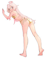 Rule 34 | 1girl, ahoge, ass, bare arms, bare legs, bare shoulders, barefoot, bikini, blush, breasts, brown eyes, commentary, feet, full body, genderswap, genderswap (mtf), gold bikini, hair between eyes, highres, kneepits, kyarahiba, long hair, looking at viewer, onii-chan wa oshimai!, open mouth, oyama mahiro, pink hair, simple background, small breasts, solo, swimsuit, very long hair, white background