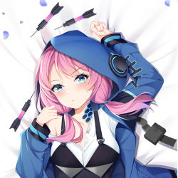 Rule 34 | 1girl, arknights, arm up, blue eyes, blue jacket, blue poison (arknights), blush, cirnos, dart, hands up, jacket, long sleeves, low twintails, lying, on back, on bed, open clothes, open jacket, parted lips, pink hair, scales, shirt, single bare shoulder, solo, suspenders, twintails, upper body, v-shaped eyebrows, white background, white shirt